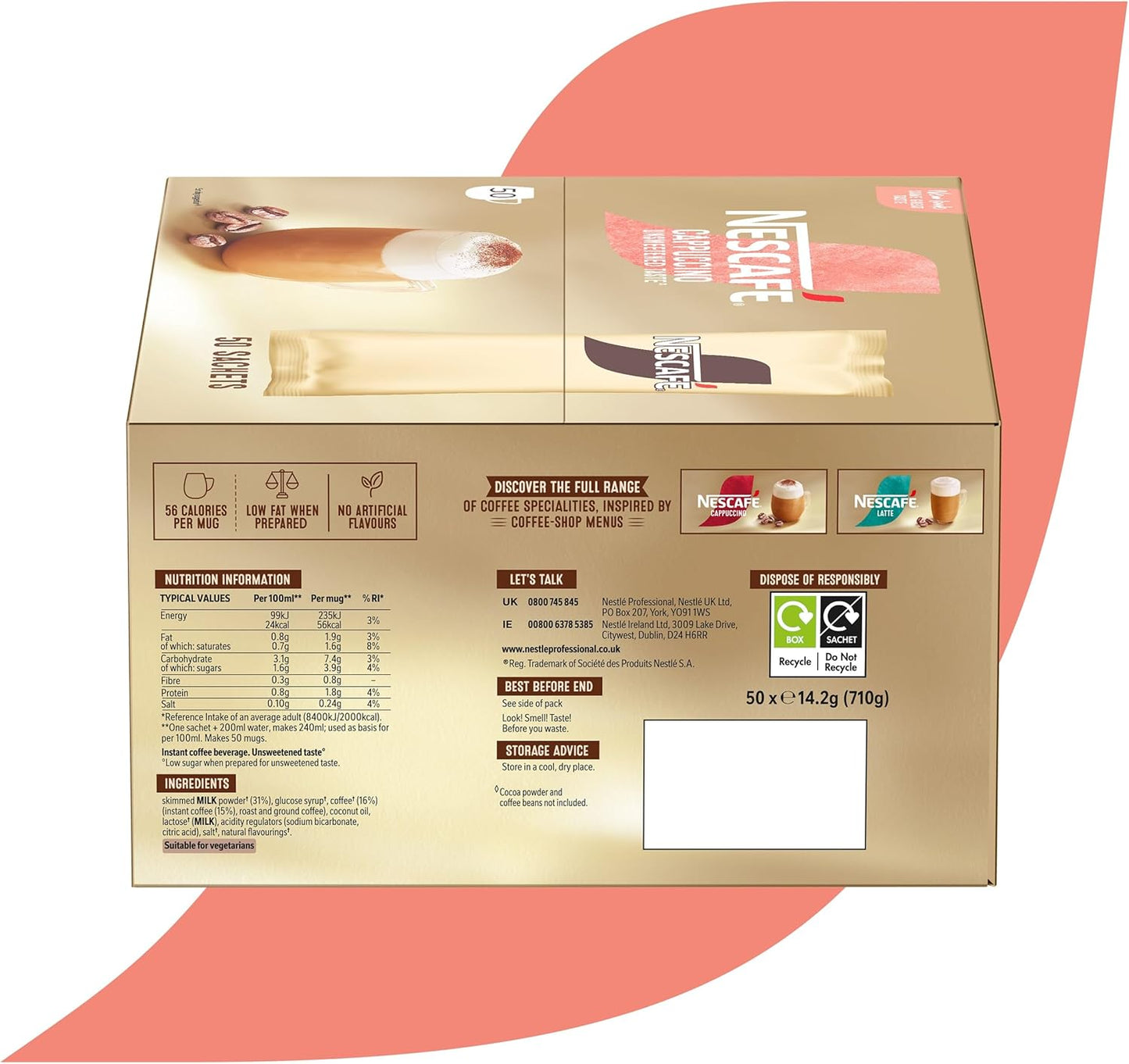 NESCAFÉ Cappuccino Unsweetened Taste Instant Coffee Sachets 50x 14.2g