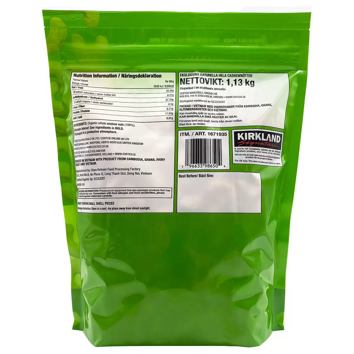 Organic Cashews Unsalted Unroasted 100% Whole Nuts 1.13kg