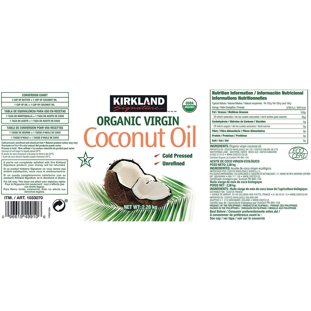 Kirkland Signature Organic Cold pressed Virgin Coconut Oil Pure And Nourishing, 2.28kg