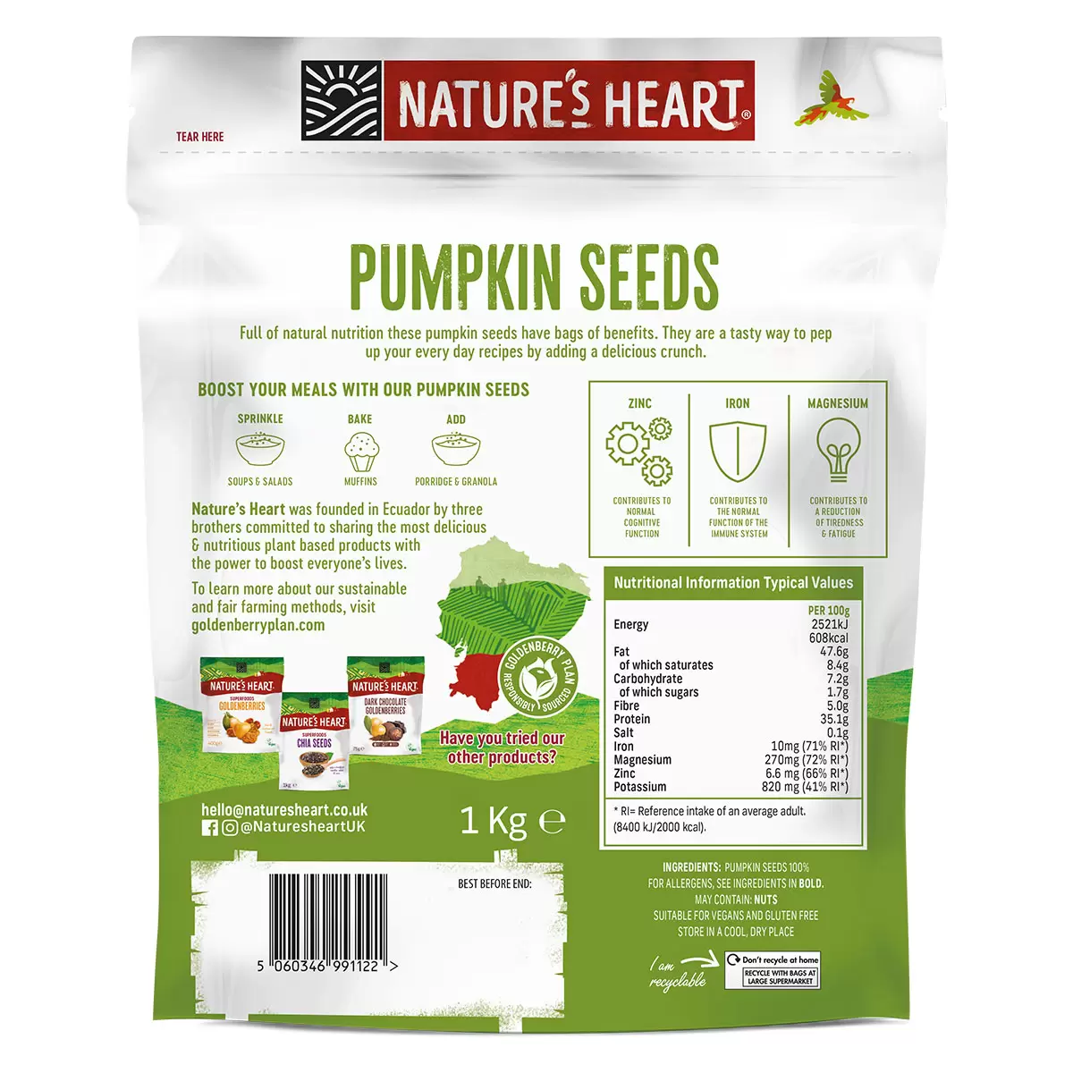 Nature's Heart Nutrient Rich Pumpkin Seeds Vegan Gluten Free Superfood Snack 1kg