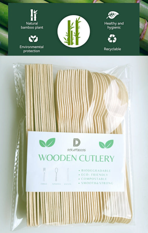 Wooden Cutlery Biodegradable Eco-Friendly 150 Pcs Birch Wood Spoons Knives Forks