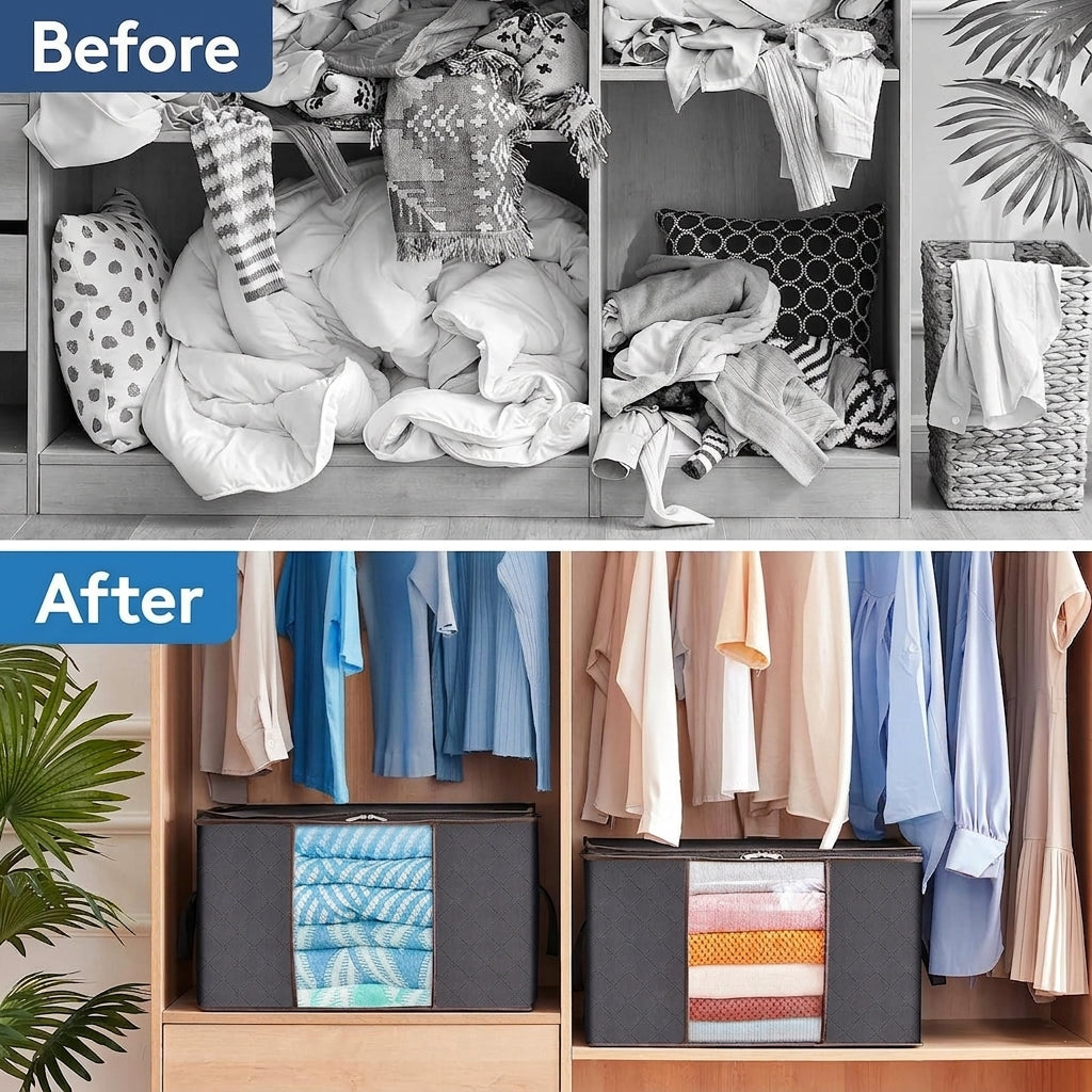 Clothes Storage Bags Foldable 60L Wardrobe Organiser Moving House Clear Window 6 Pack