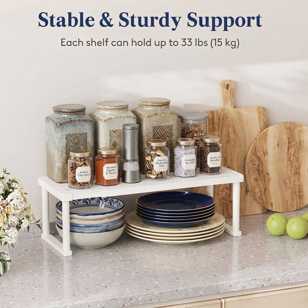 Expandable Kitchen Counter and Cabinet Shelf Organiser Heavy Duty Storage Rack
