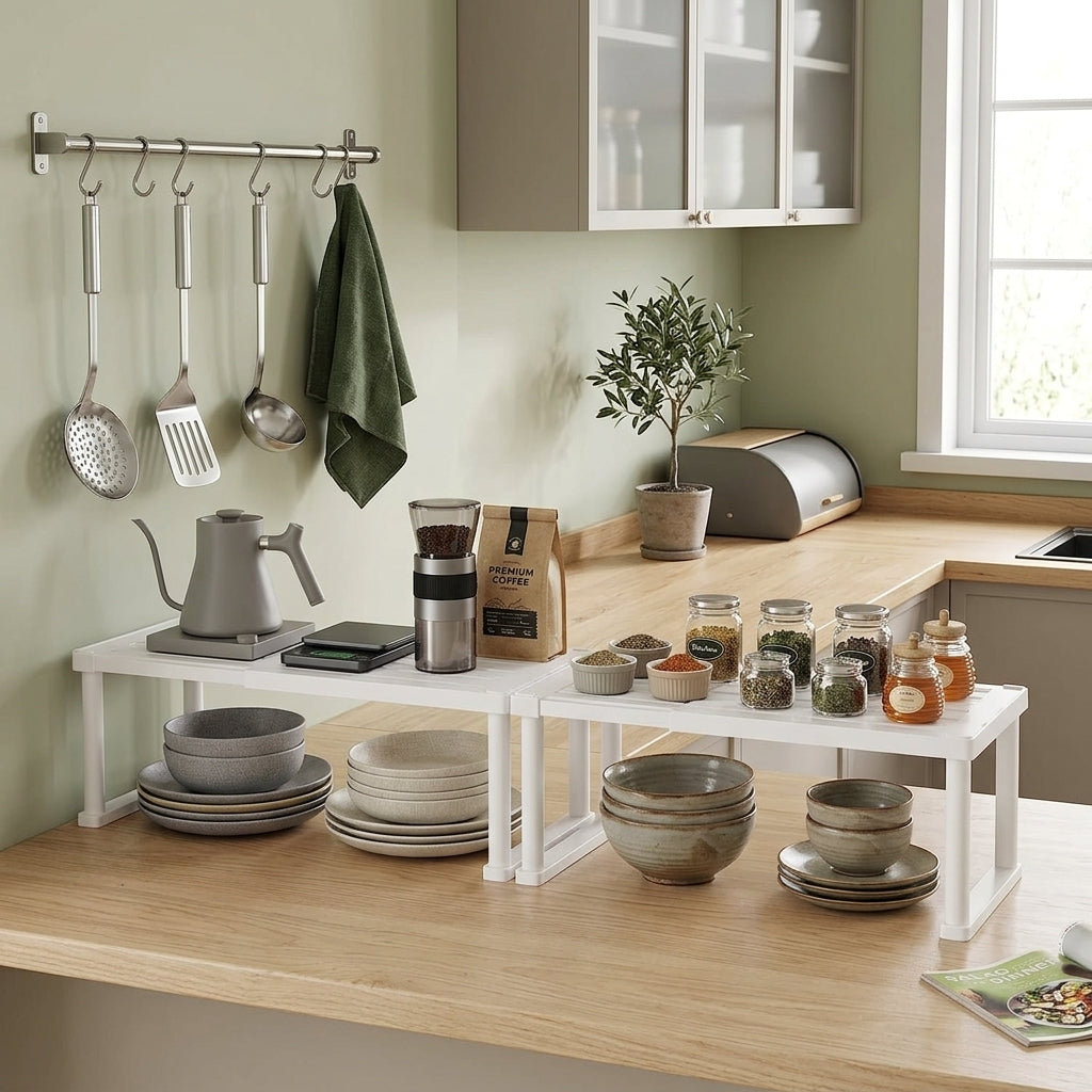 Expandable Kitchen Counter and Cabinet Shelf Organiser Heavy Duty Storage Rack