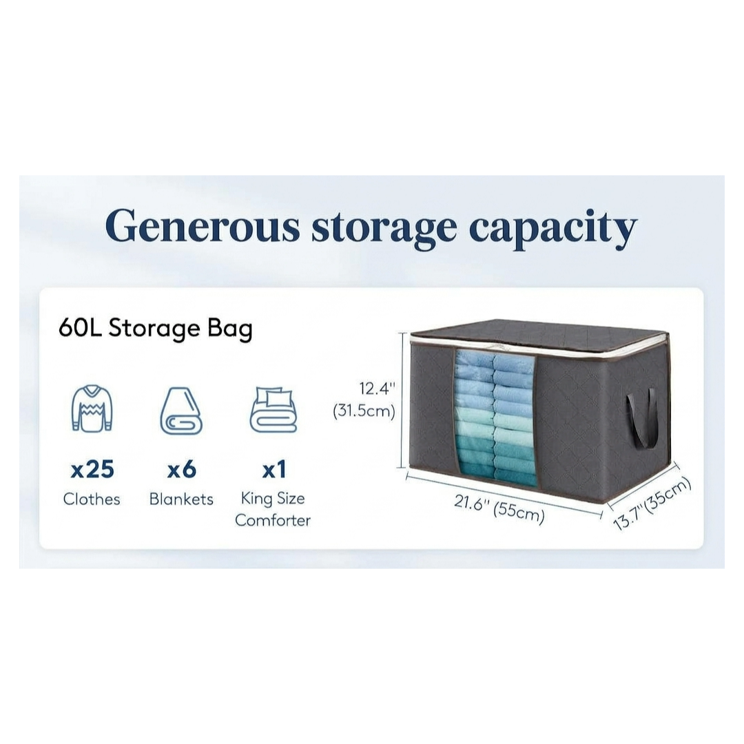 Clothes Storage Bags Foldable 60L Wardrobe Organiser Moving House Clear Window 6 Pack